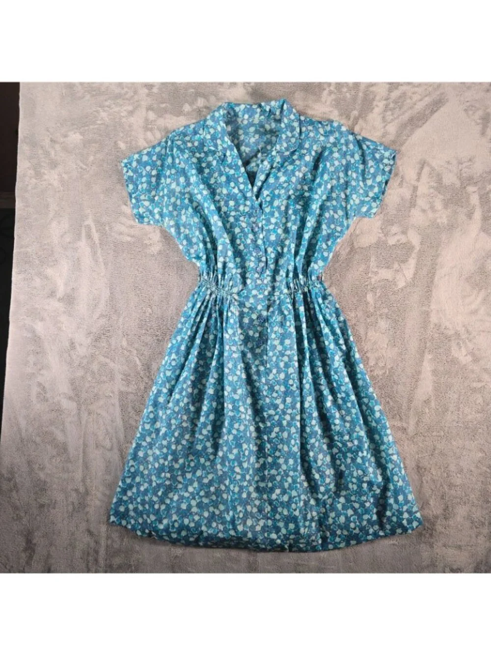 Vintage Late 1950s Blue Floral Semi-Sheer Elastic Waist Shirtdress Day Dress (M)